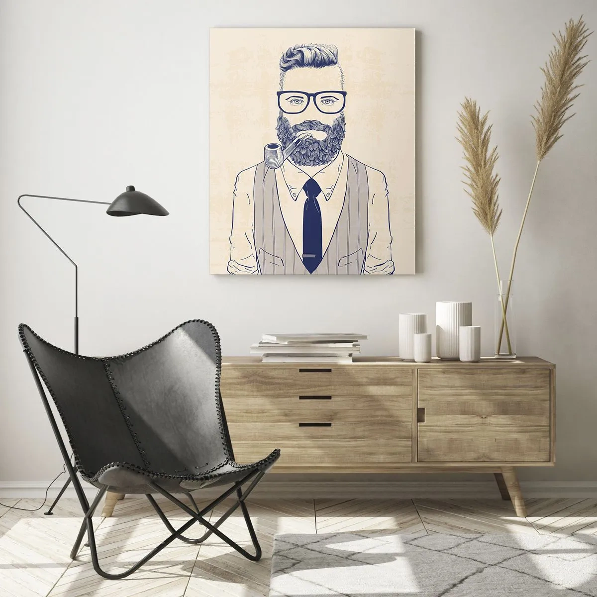Glasbild - Bild auf glas - Stilisierter Mann mit Bart, Pfeife und Brille - 80x120cm - Fröhlich, maskulin und modisch - Moderne Wanddekoration für Wohnzimmer und Schlafzimmer ARTTOR