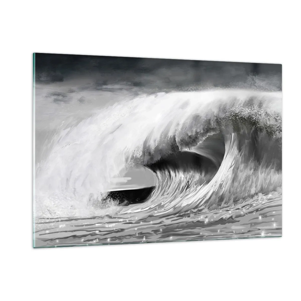 Glasbild - Bild auf glas - Eine kraftvolle Welle, eingefangen in einer Schwarz-Weiß-Ästhetik - 120x80cm - Wut des Ozeans - Moderne Wanddekoration für Wohnzimmer und Schlafzimmer ARTTOR