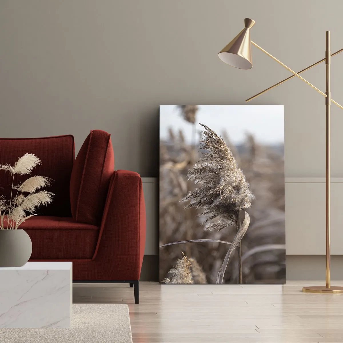 Bild auf Leinwand - Leinwandbild - Zarte Gräser in Beigetönen vor dem Hintergrund der Natur - 80x120cm - Zeit, mit dem Wind zu gehen - Moderne Wanddekoration für Wohnzimmer und Schlafzimmer ARTTOR