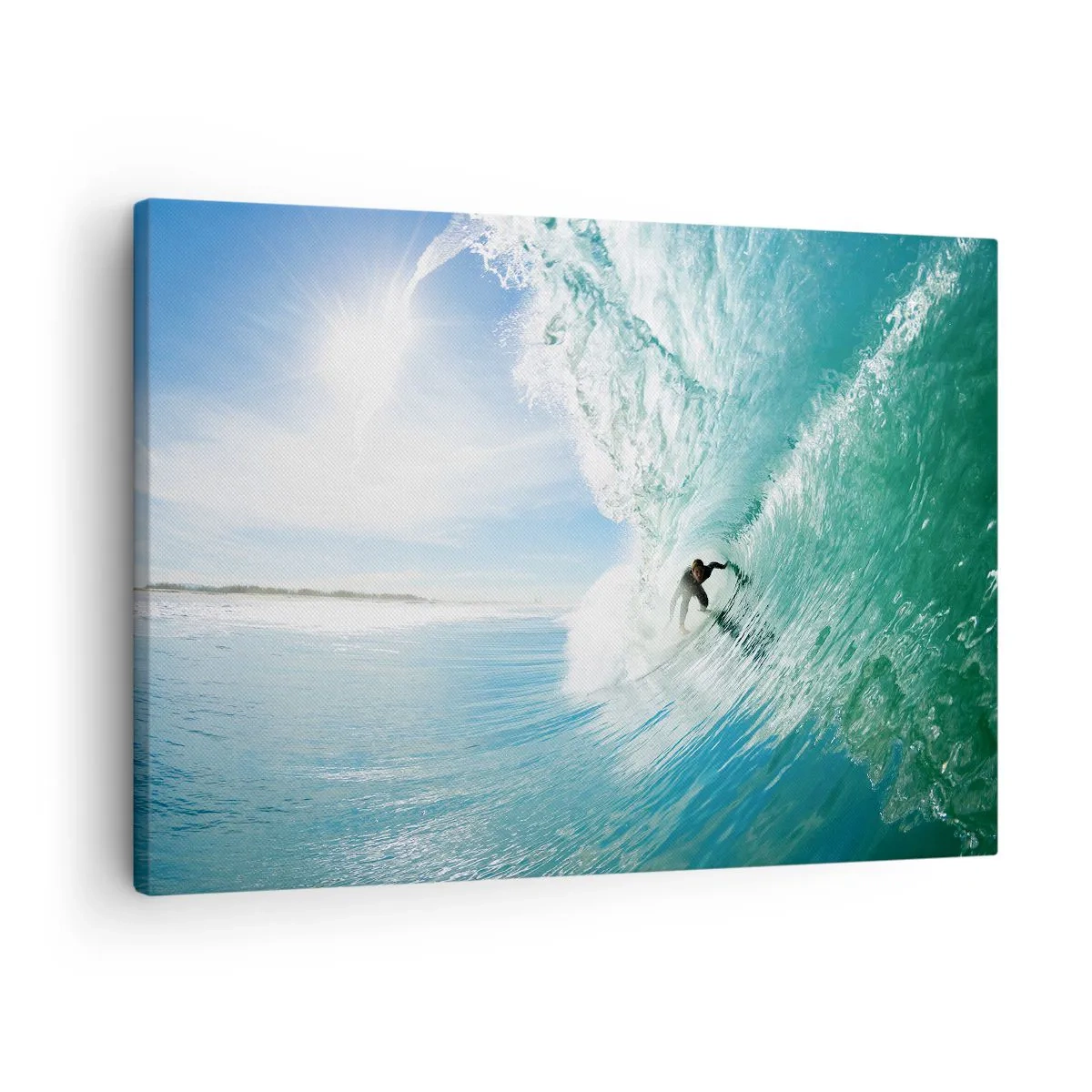 Bild auf Leinwand - Leinwandbild - Ein Surfer reitet eine Welle im Sonnenlicht vor blauem Himmel - 70x50cm - Immer Top - Moderne Wanddekoration für Wohnzimmer und Schlafzimmer ARTTOR