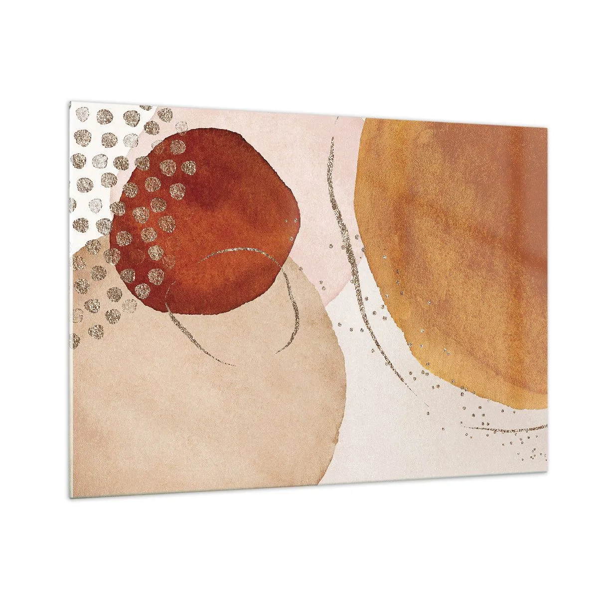 Glasbild - Bild auf glas - Abstrakte Kreise in Beige-, Kupfer- und Goldtönen - 100x70cm - Rundheit und Bewegung - Moderne Wanddekoration für Wohnzimmer und Schlafzimmer ARTTOR