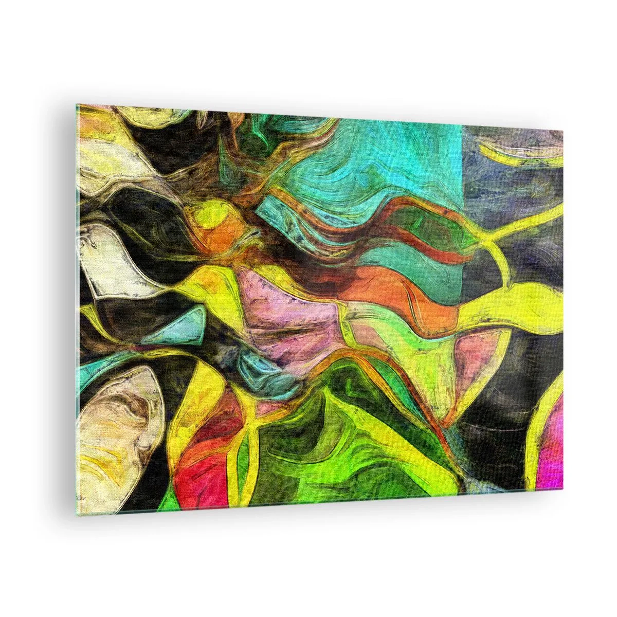 Glasbild - Bild auf glas - Eine abstrakte Komposition mit intensiven, mehrfarbigen Wellen. - 70x50cm - Bewegung ist Leben - Moderne Wanddekoration für Wohnzimmer und Schlafzimmer ARTTOR