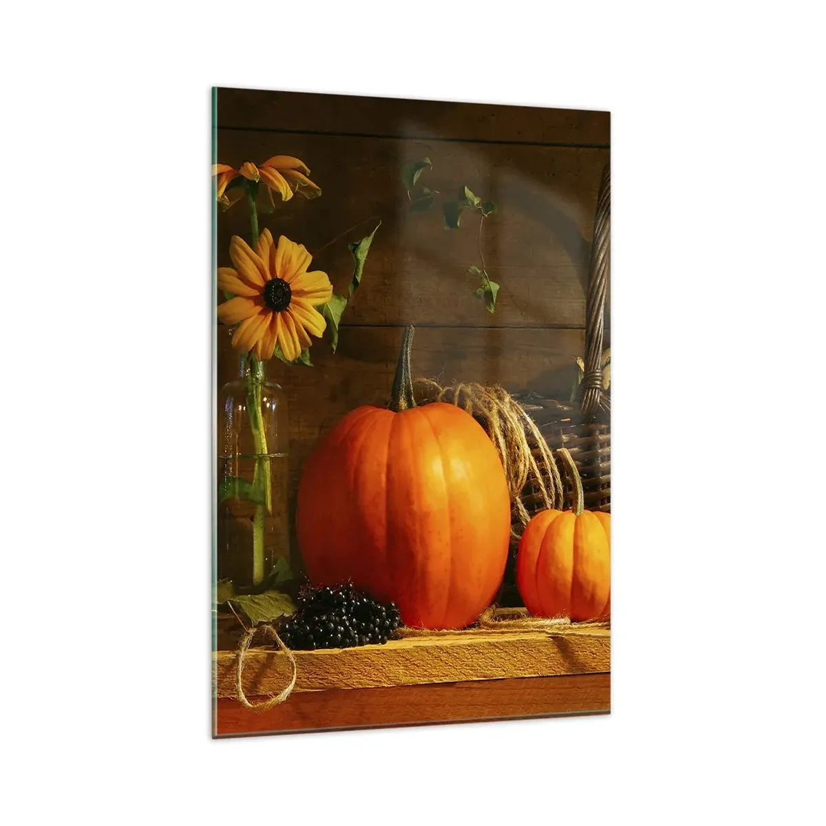 Glasbild - Bild auf glas - Herbstkomposition mit Kürbissen und Blumen auf Holzhintergrund - 80x120cm - Eine rustikale Komposition - Geschenke des Herbstes - Moderne Wanddekoration für Wohnzimmer und Schlafzimmer ARTTOR