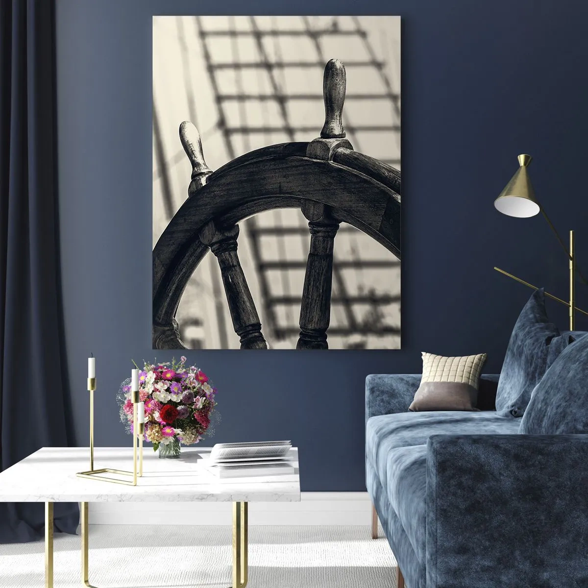 Glasbild - Bild auf glas - Schwarz-weißes nautisches Schiffsrad - 50x70cm - Meeresgeschichten - Moderne Wanddekoration für Wohnzimmer und Schlafzimmer ARTTOR