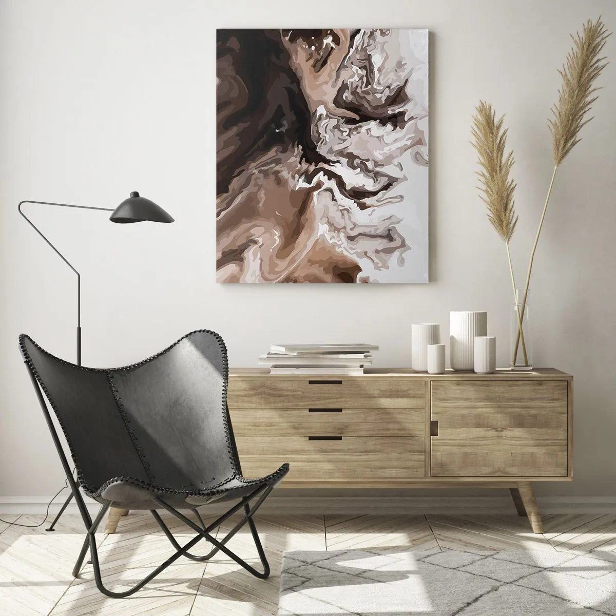 Glasbild - Bild auf glas - Abstraktes Muster in dunklen Braun- und Weißtönen - 50x70cm - Farbkontrast - Moderne Wanddekoration für Wohnzimmer und Schlafzimmer ARTTOR