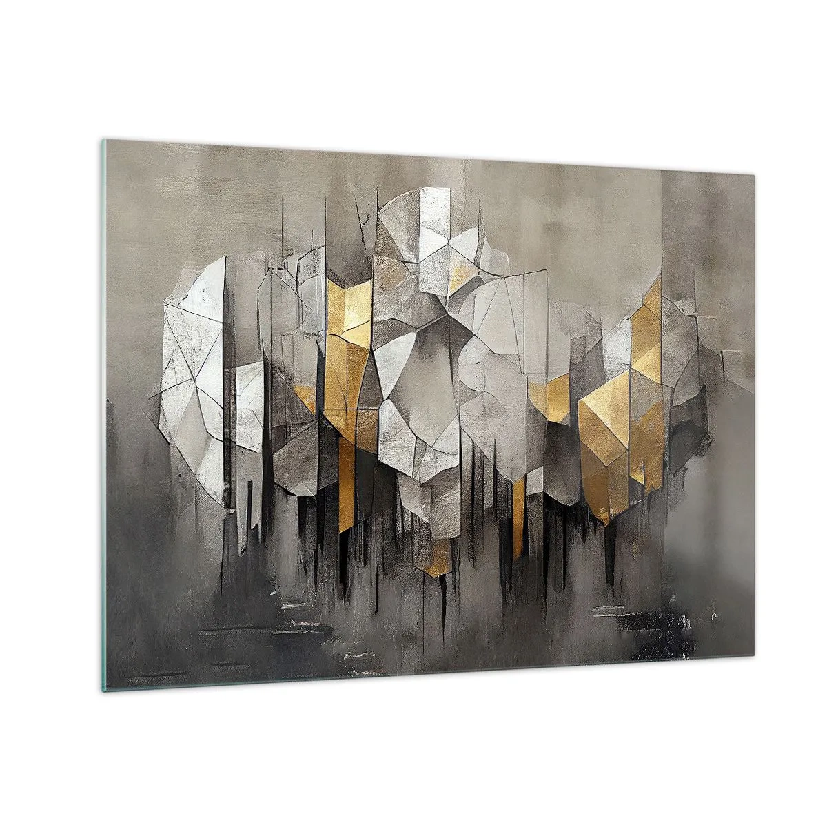 Glasbild - Bild auf glas - Abstrakte Formen in Grau-, Weiß- und Goldtönen - 70x50cm - Komposition aus Eis und Licht - Moderne Wanddekoration für Wohnzimmer und Schlafzimmer ARTTOR