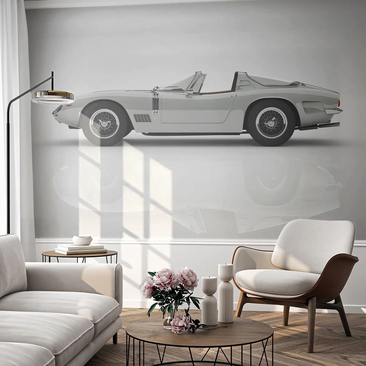 Fototapete Premium Sand - Klassisches Retro-Cabrio auf weißem Hintergrund - 100x70cm - Spaß versprochen - Moderne Wanddekoration für Wohnzimmer und Schlafzimmer ARTTOR
