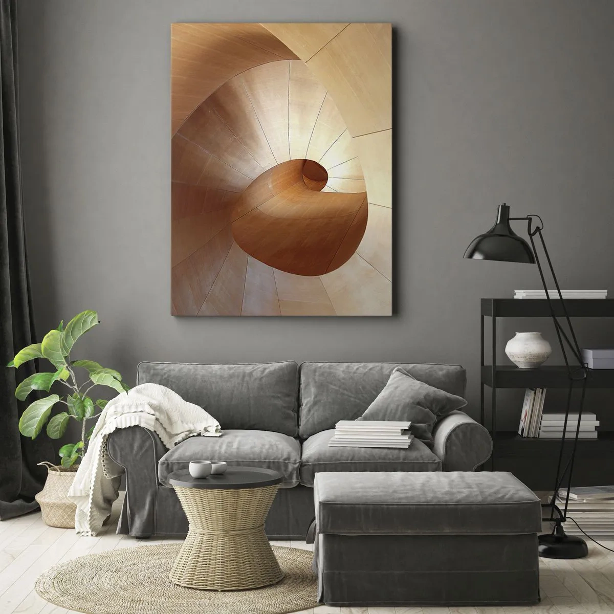 Bild auf Leinwand - Leinwandbild - Abstrakte Spirale in Holz- und Hellbrauntönen - 80x120cm - Architektonische Serpentine - Moderne Wanddekoration für Wohnzimmer und Schlafzimmer ARTTOR