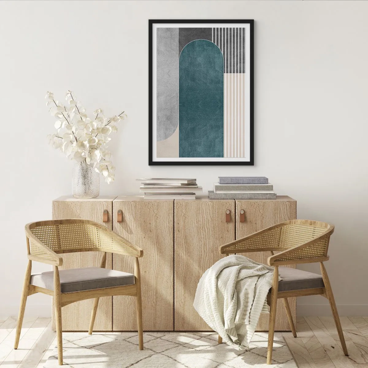 Poster in einem schwarzem Rahmen - Geometrische Komposition in Grün- und Grautönen - 50x70cm - Komposition auf der Ebene - Moderne Wanddekoration für Wohnzimmer und Schlafzimmer ARTTOR
