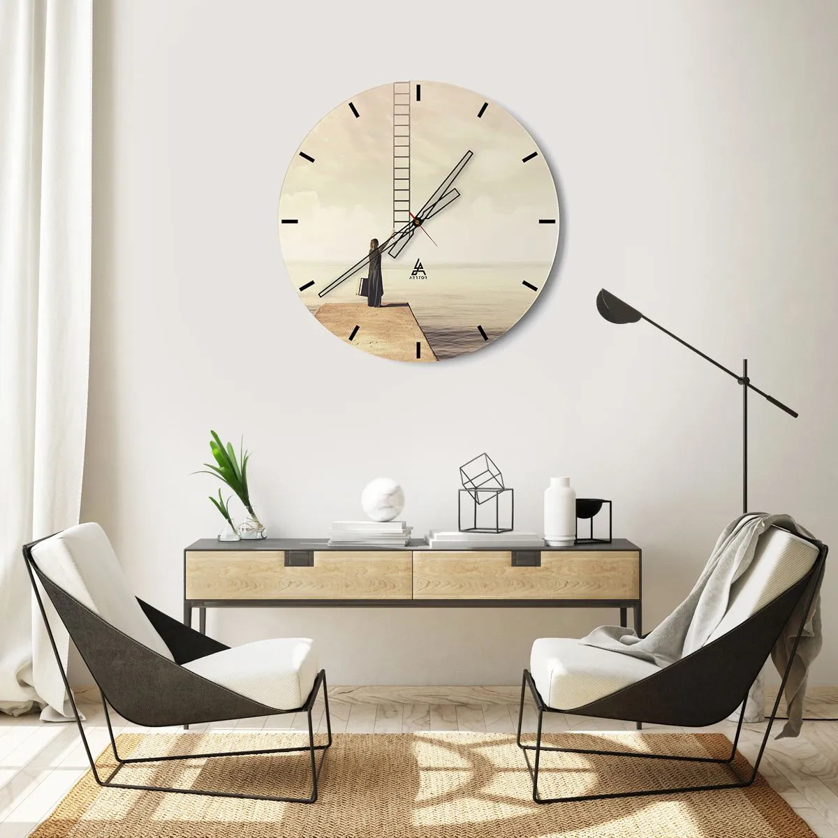 Wanduhr - Glasuhr - Eine Frau auf einem Pier zeigt auf eine Leiter, die in den Himmel führt. - 30x30cm - Eine magische Reise - Moderne Wanddekoration für Wohnzimmer, Küche und Schlafzimmer ARTTOR