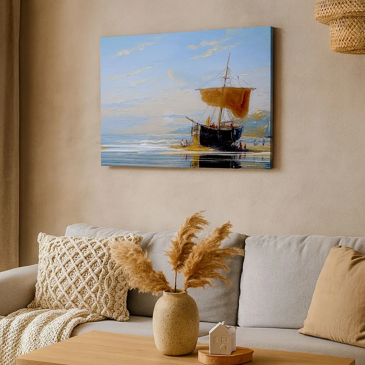 Bild auf Leinwand - Leinwandbild - Ein Schiff an der Küste an einem sonnigen Tag - 70x50cm - Wasser, Land, Luft - Moderne Wanddekoration für Wohnzimmer und Schlafzimmer ARTTOR