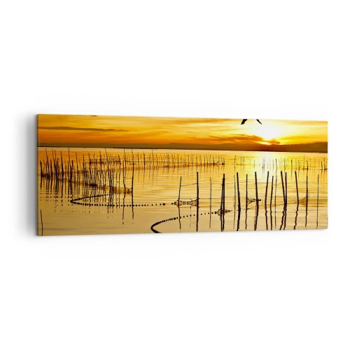 Bild auf Leinwand - Leinwandbild - Sonnenuntergang über dem Wasser mit Vögeln im Flug - 140x50cm - In der Fischerei - Moderne Wanddekoration für Wohnzimmer und Schlafzimmer ARTTOR