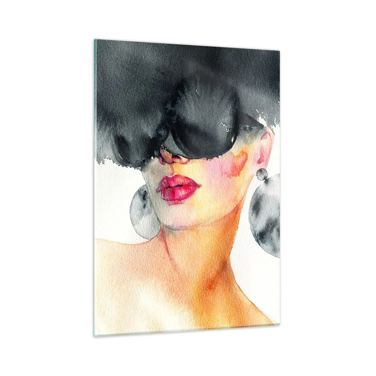 Glasbild - Bild auf glas - Porträt einer Frau mit großen Ohrringen und einem schwarzen Fleck über dem Kopf - 50x70cm - Das Geheimnis der Eleganz - Moderne Wanddekoration für Wohnzimmer und Schlafzimmer ARTTOR