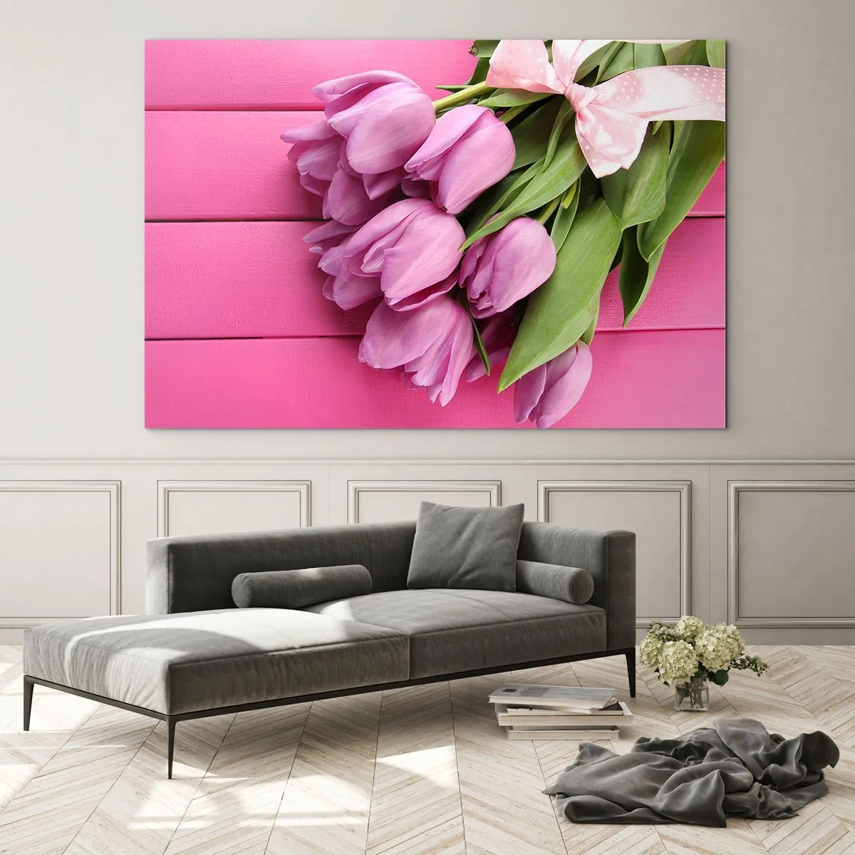 Glasbild - Bild auf glas - Ein Strauß rosa Tulpen auf einem hölzernen Hintergrund - 70x50cm - Nur für dich - Moderne Wanddekoration für Wohnzimmer und Schlafzimmer ARTTOR