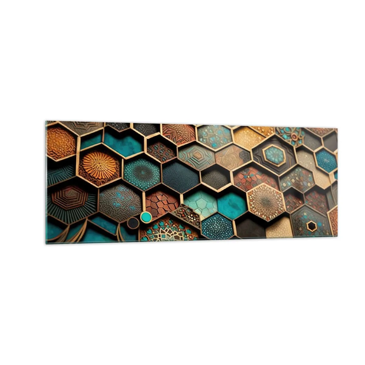 Glasbild - Bild auf glas - Bunte Ornamente in sechseckigen Mustern - 140x50cm - Arabische Ornamente – Variation - Moderne Wanddekoration für Wohnzimmer und Schlafzimmer ARTTOR