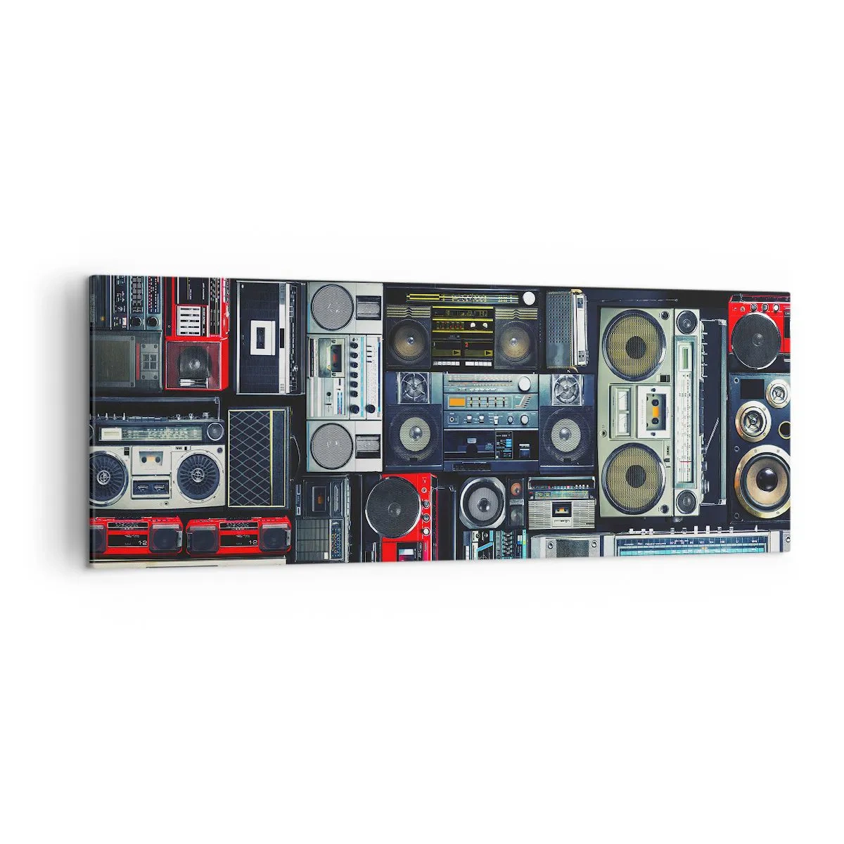 Bild auf Leinwand - Leinwandbild - Eine Collage aus Retro-Tonbandgeräten und Vintage-Lautsprechern. - 140x50cm - Sehnsucht nach den 1980er Jahren - Moderne Wanddekoration für Wohnzimmer und Schlafzimmer ARTTOR