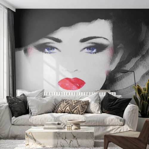 Fototapete Premium Canvas - Er drückt zurück und ruft an - Das Gesicht einer Frau, rote Lippen, Blaue Augen - 450x315 cm