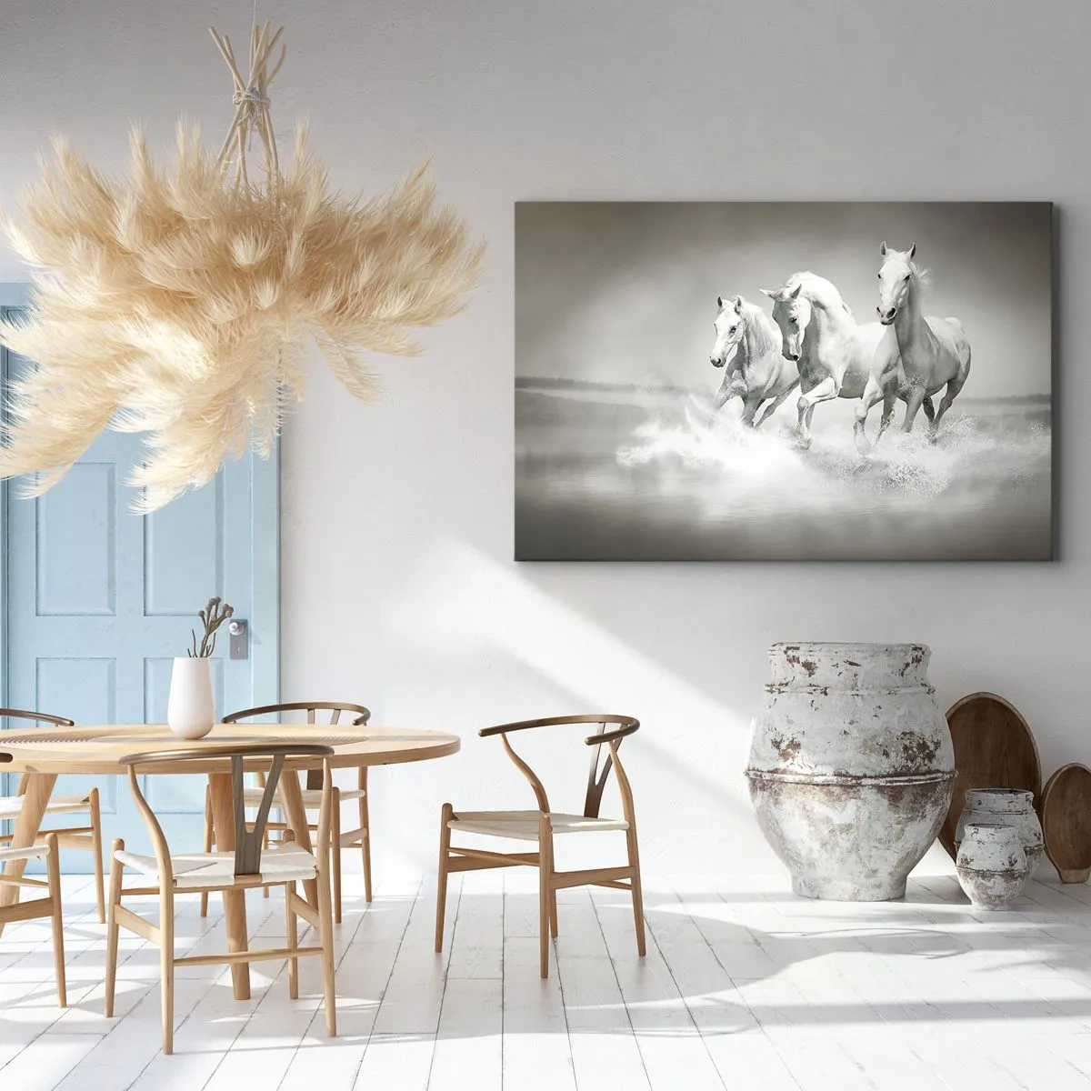 Bild auf Leinwand - Leinwandbild - Drei weiße Pferde galoppieren durch das Wasser - 70x50cm - Weißer Wahnsinn - Moderne Wanddekoration für Wohnzimmer und Schlafzimmer ARTTOR