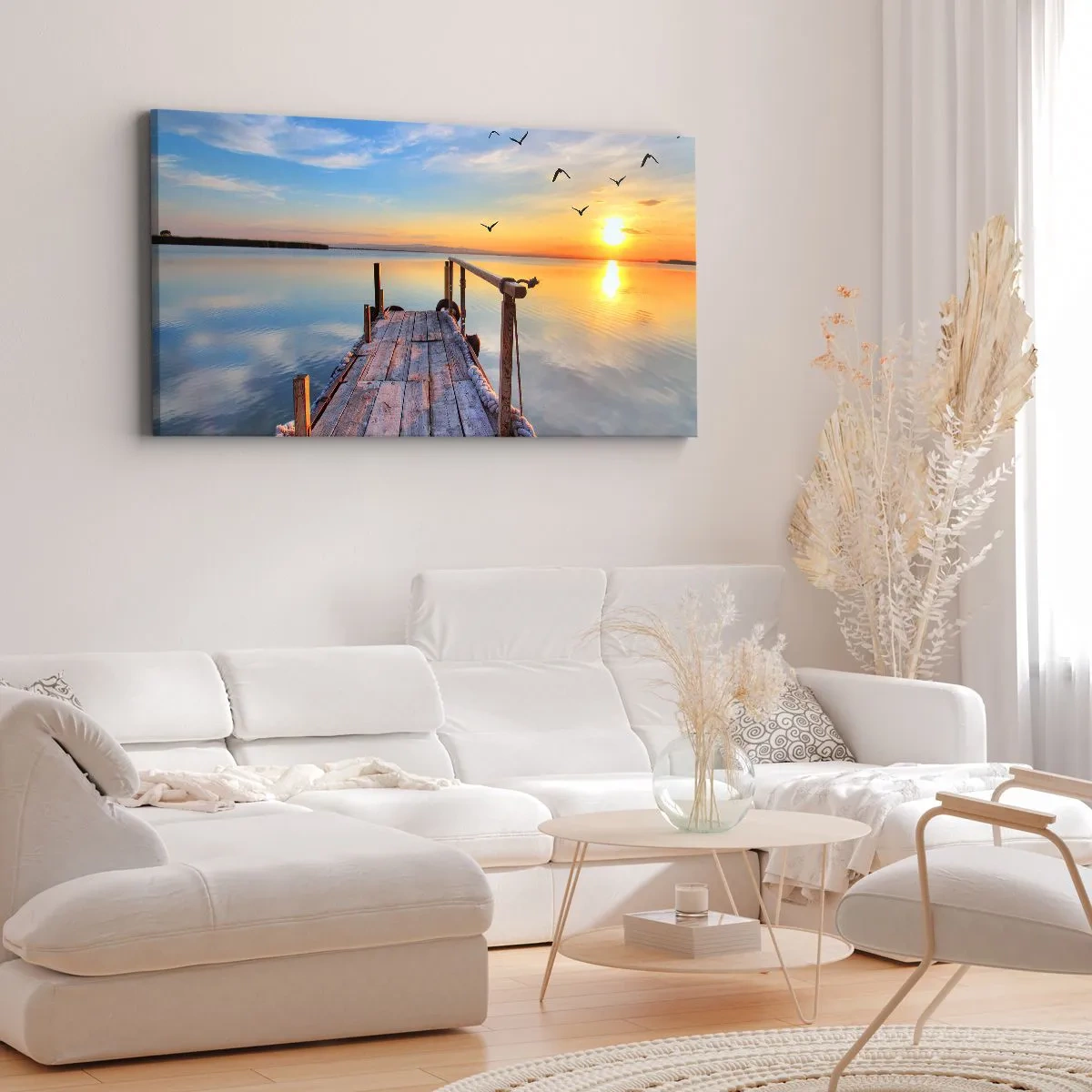 Bild auf Leinwand - Leinwandbild - Holzsteg bei Sonnenuntergang auf einem ruhigen See - 160x50cm - Lauf direkt der Sonne entgegen - Moderne Wanddekoration für Wohnzimmer und Schlafzimmer ARTTOR