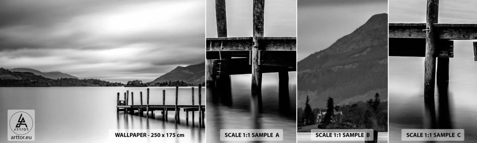Fototapeten Muster Selbstklebend Deluxe Sticker - Milde und Kraft - Landschaft, See, Holzbrücke - 100x30 cm