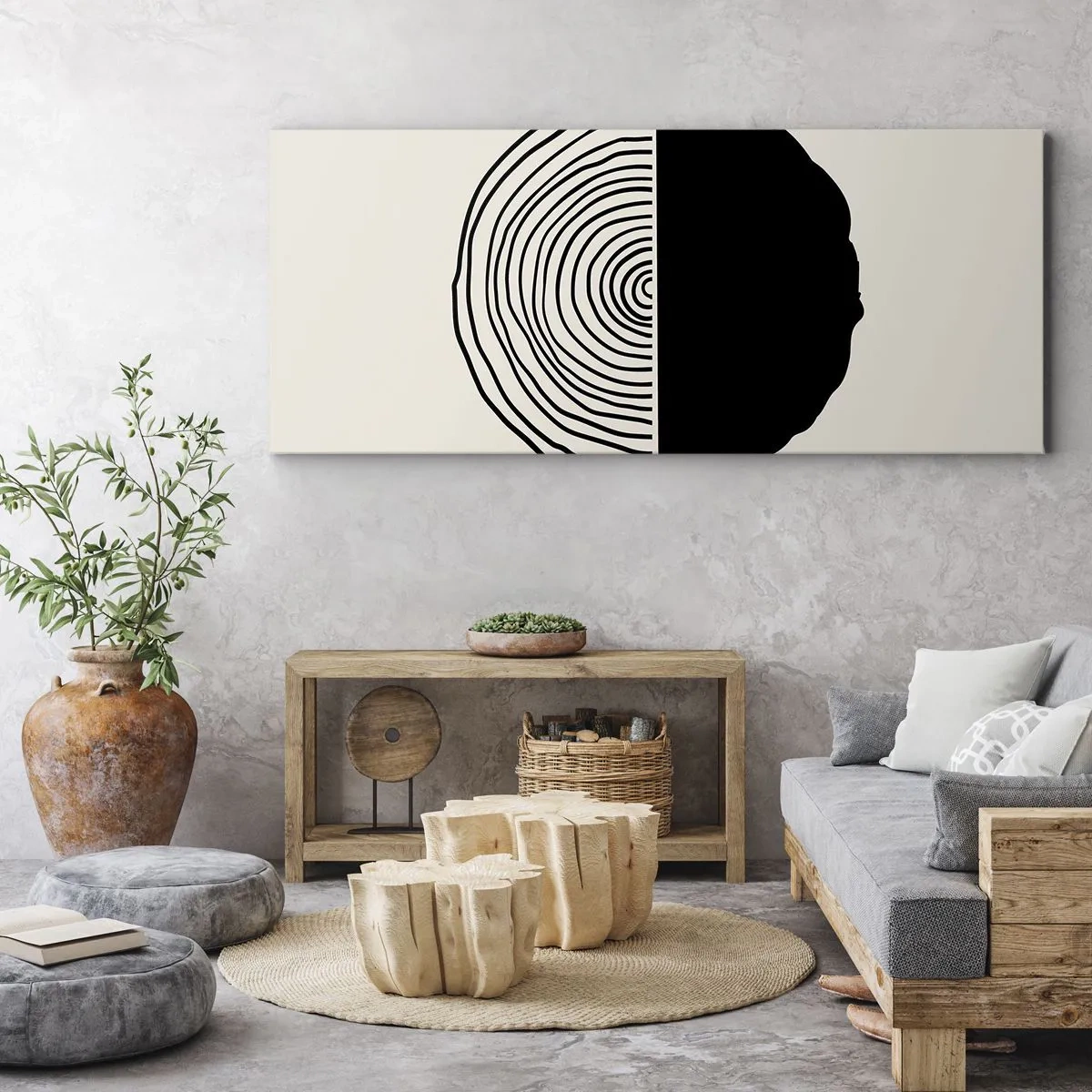 Bild auf Leinwand - Leinwandbild - Ein abstraktes Schwarz-Weiß-Motiv, inspiriert von einem Holzquerschnitt mit geometrischer Unterteilung. - 160x50cm - Halb und halb - Moderne Wanddekoration für Wohnzimmer und Schlafzimmer ARTTOR