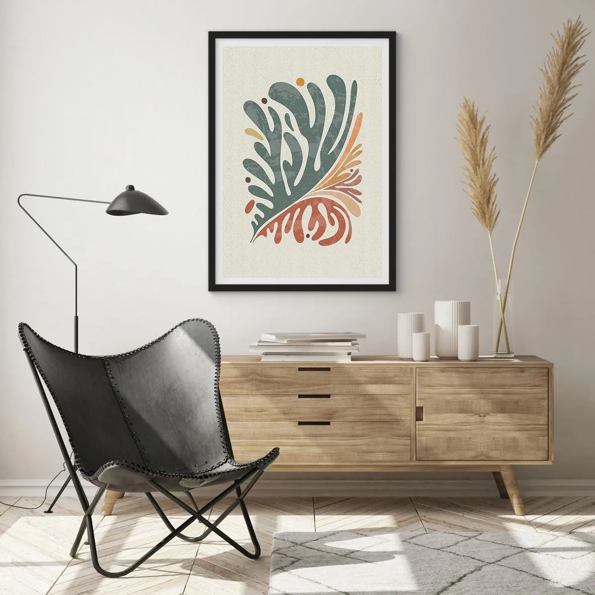 Poster in einem schwarzem Rahmen - Botanisches Blattmuster in Grün- und Brauntönen - 50x70cm - Mehrfarbiges Blatt - Moderne Wanddekoration für Wohnzimmer und Schlafzimmer ARTTOR