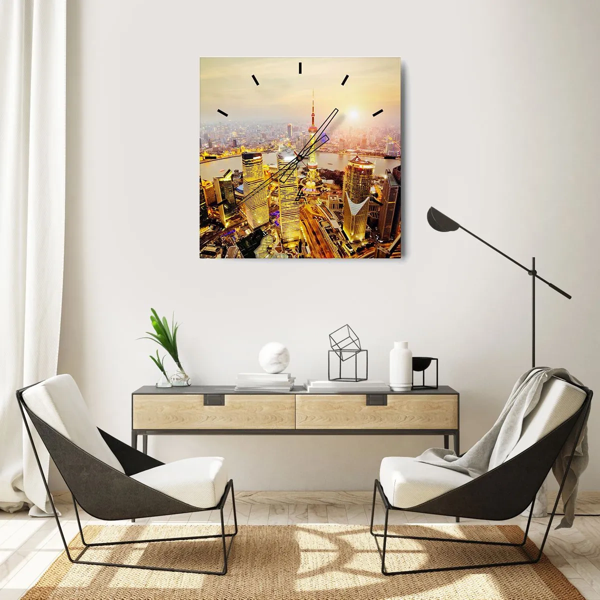Wanduhr - Glasuhr - Stadtpanorama mit Wolkenkratzern bei Sonnenuntergang - 30x30cm - Asiatischer Traum - Moderne Wanddekoration für Wohnzimmer und Schlafzimmer ARTTOR