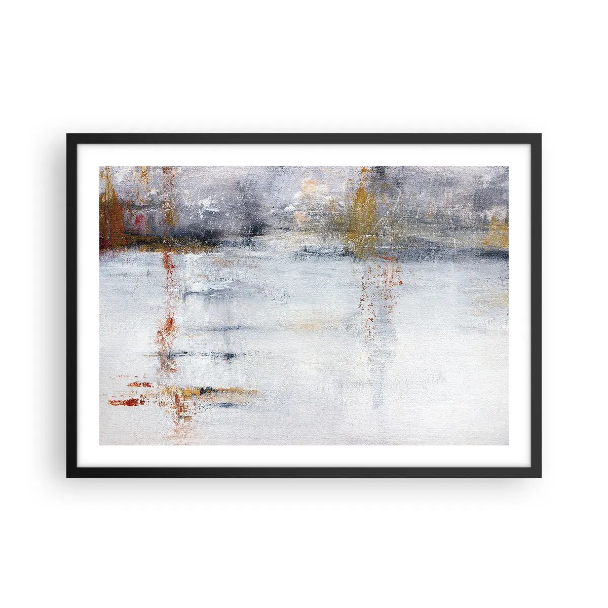 Poster in einem schwarzem Rahmen - Eine abstrakte Landschaft mit verschwommenen Akzenten in Grau und Gold. - 70x50cm - Hinter dem Luftvorhang - Moderne Wanddekoration für Wohnzimmer und Schlafzimmer ARTTOR