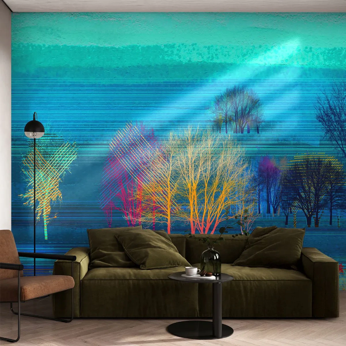 Fototapete Premium Sand - Abstrakte Landschaft mit Bäumen in kühlen Blautönen. - 100x70cm - Eine gekämmte Landschaft - Moderne Wanddekoration für Wohnzimmer und Schlafzimmer ARTTOR