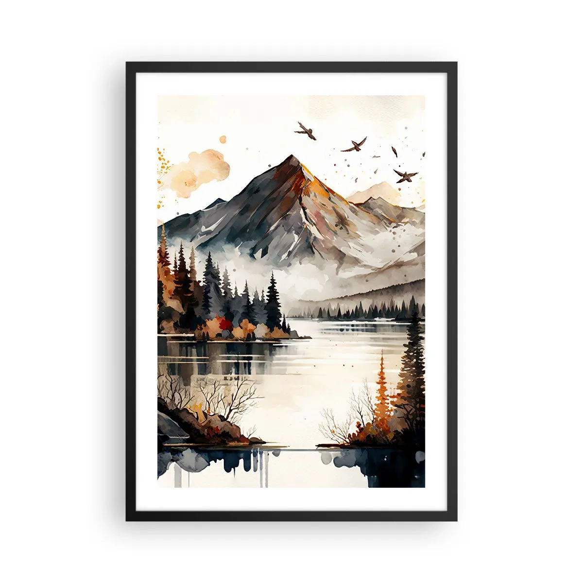 Poster in einem schwarzem Rahmen - Herbstliche Berglandschaft über einem ruhigen See - 50x70cm - Goldener Herbst in den Bergen - Moderne Wanddekoration für Wohnzimmer und Schlafzimmer ARTTOR