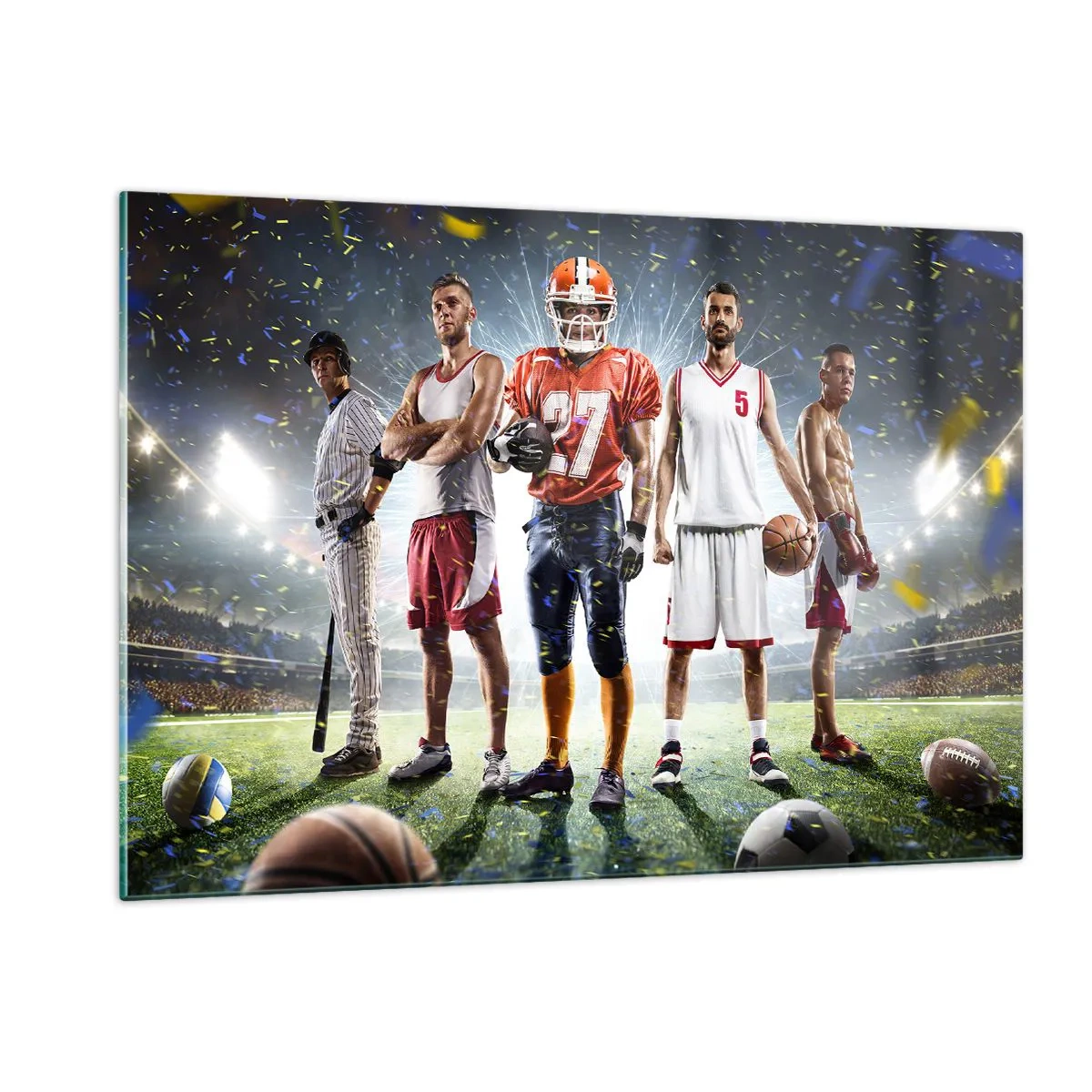 Glasbild - Bild auf glas - Athleten verschiedener Disziplinen im Stadion im Rampenlicht - 120x80cm - Feldgladiatoren - Moderne Wanddekoration für Wohnzimmer und Schlafzimmer ARTTOR