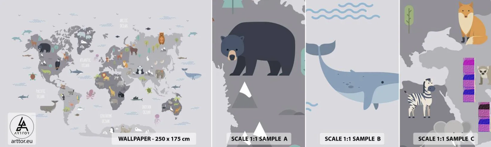 Fototapeten Muster Selbstklebend Deluxe Sticker - Sag mir wo du herkommst ... - Weltkarte, Tiere, Kontinente - 100x30 cm