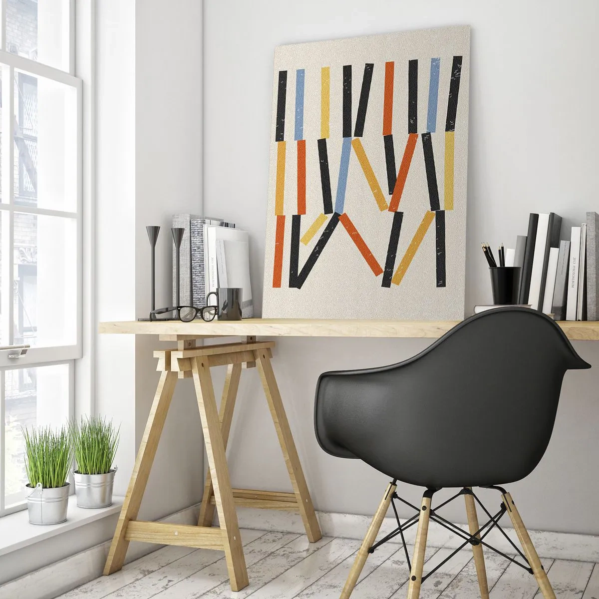 Glasbild - Bild auf glas - Abstrakte Komposition mit farbigen und schwarzen Rechtecken in horizontaler Anordnung - 80x120cm - Komposition auf der Ebene - Moderne Wanddekoration für Wohnzimmer und Schlafzimmer ARTTOR