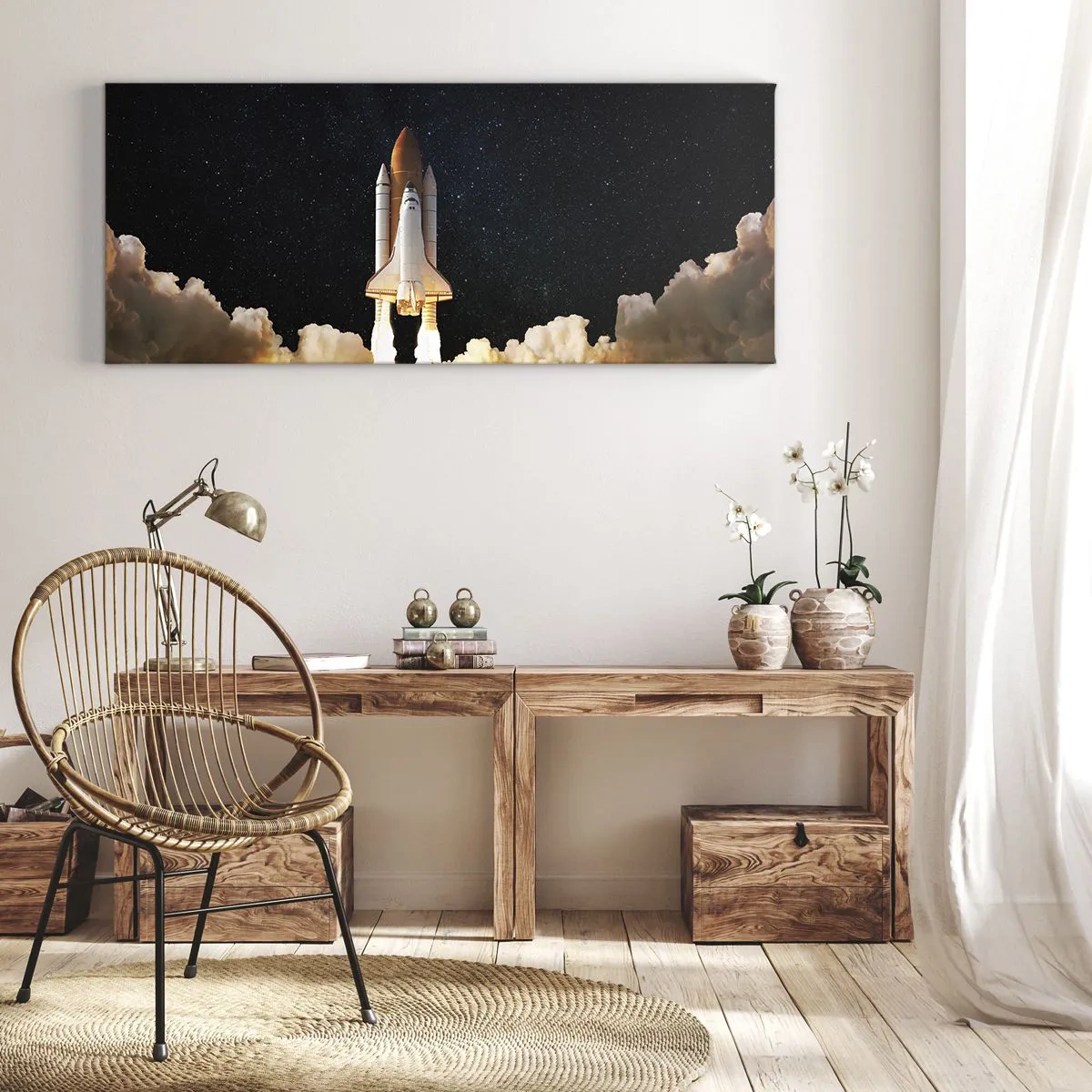 Bild auf Leinwand - Leinwandbild - Eine Weltraumrakete hebt vor dem Sternenhimmel ab - 140x50cm - Ad Astra! - Moderne Wanddekoration für Wohnzimmer und Schlafzimmer ARTTOR