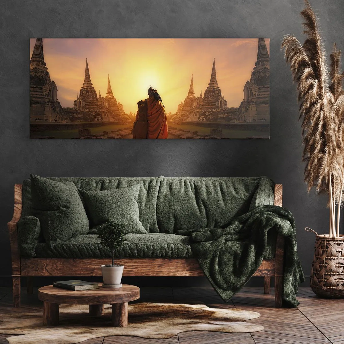 Bild auf Leinwand - Leinwandbild - Ein Mönch zwischen den Tempeln bei Sonnenuntergang - 160x50cm - In Frieden für die Ewigkeit - Moderne Wanddekoration für Wohnzimmer und Schlafzimmer ARTTOR