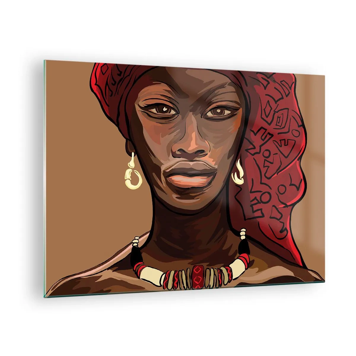 Glasbild - Bild auf glas - Stilisiertes Porträt einer Frau mit rotem Turban und Schmuck. - 70x50cm - Venus aus Ebenholz  - Moderne Wanddekoration für Wohnzimmer und Schlafzimmer ARTTOR