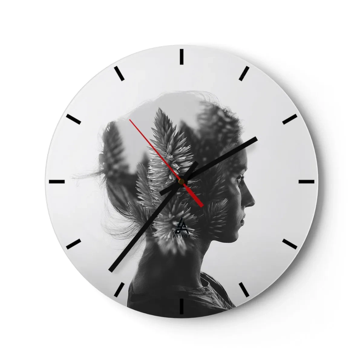 Wanduhr - Glasuhr - Profil einer Frau mit einem Pflanzenmotiv im Hintergrund - 30x30cm - Dame des Kiefernwaldes - Moderne Wanddekoration für Wohnzimmer, Küche und Schlafzimmer ARTTOR