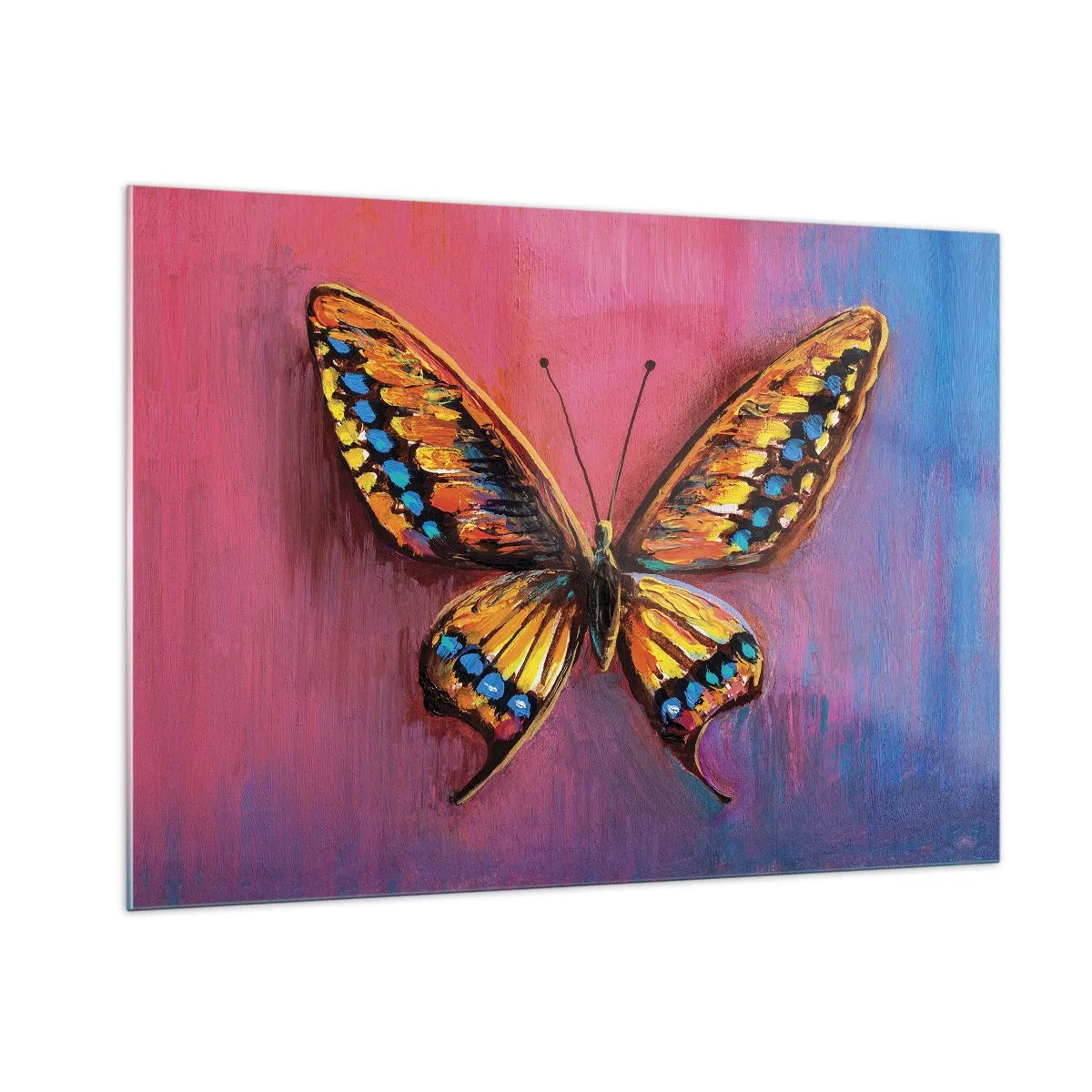 Glasbild - Bild auf glas - Ein bunter Schmetterling auf einem Hintergrund in Rosa- und Lilatönen - 100x70cm - Ein Juwel der Natur - Moderne Wanddekoration für Wohnzimmer und Schlafzimmer ARTTOR