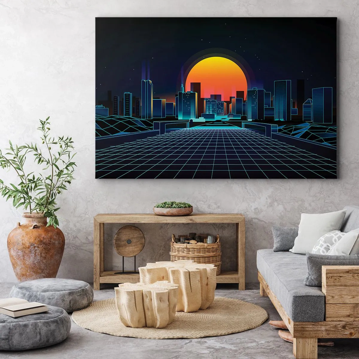 Bild auf Leinwand - Leinwandbild - Futuristische Skyline im Neon-Stil - 120x80cm - Willst du immer noch zu Real gehen? - Moderne Wanddekoration für Wohnzimmer und Schlafzimmer ARTTOR