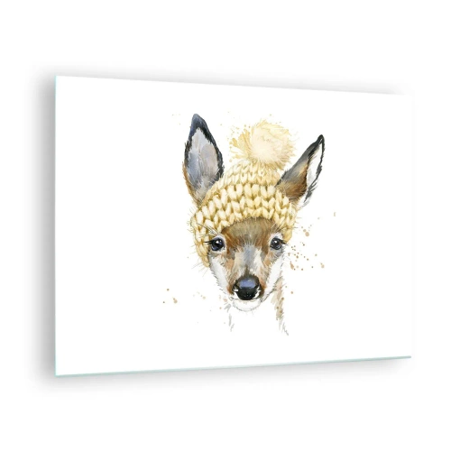 Glasbild - Bild auf glas - Ein Reh mit Wollmütze und Bommel - 70x50cm - Für den Winter im verschneiten Wald - Moderne Wanddekoration für Wohnzimmer und Schlafzimmer ARTTOR