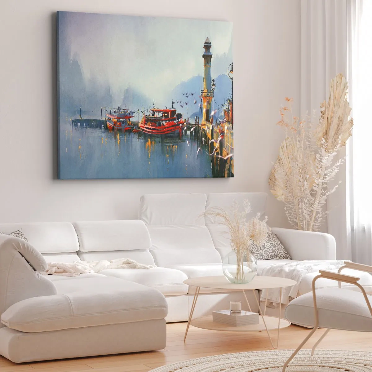 Bild auf Leinwand - Leinwandbild - Ein Hafen mit roten Booten, umgeben von einer nebligen Landschaft - 70x50cm - Am Ende der Welt - Moderne Wanddekoration für Wohnzimmer und Schlafzimmer ARTTOR