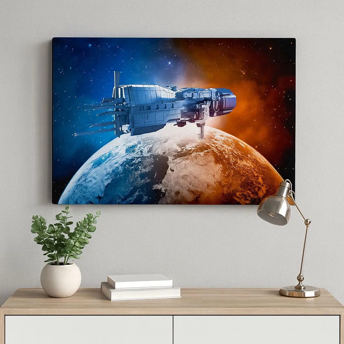 Bild auf Leinwand - Leinwandbild - Ein Raumschiff vor dem Hintergrund eines Planeten im Weltraum - 70x50cm - Ein aufmerksamer Beobachter - Moderne Wanddekoration für Wohnzimmer und Schlafzimmer ARTTOR