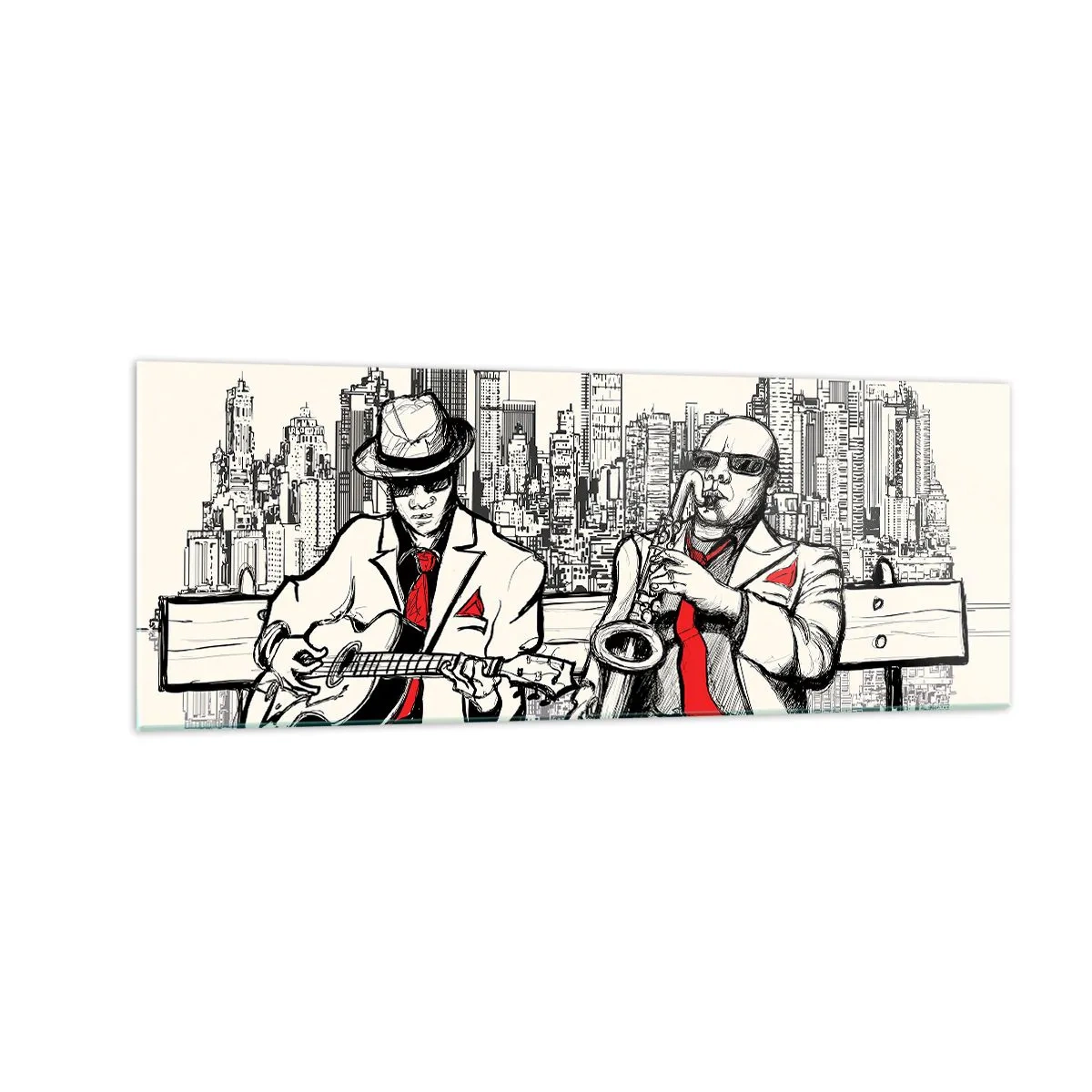 Glasbild - Bild auf glas - Ein Jazzduo mit Saxophon und Gitarre vor der Kulisse der Stadt - 140x50cm - New Yorker Improvisation - Moderne Wanddekoration für Wohnzimmer und Schlafzimmer ARTTOR