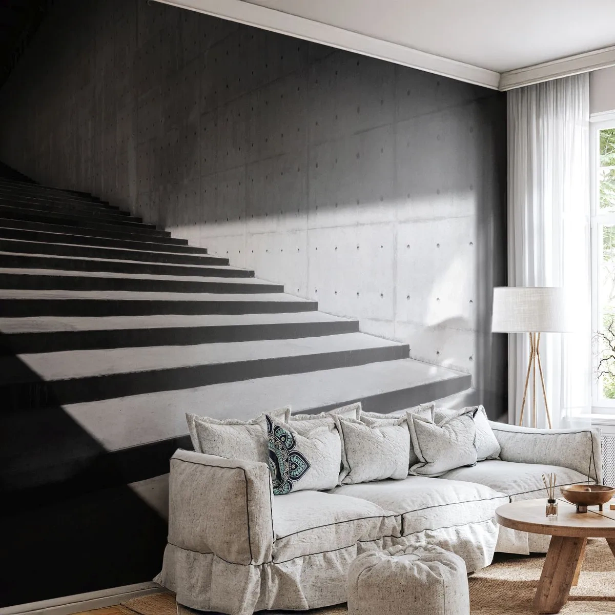 Fototapete Premium Sand - Betontreppe mit Schatten im minimalistischen Stil - 100x70cm - Rohe Schönheit des Modernismus - Moderne Wanddekoration für Wohnzimmer und Schlafzimmer ARTTOR