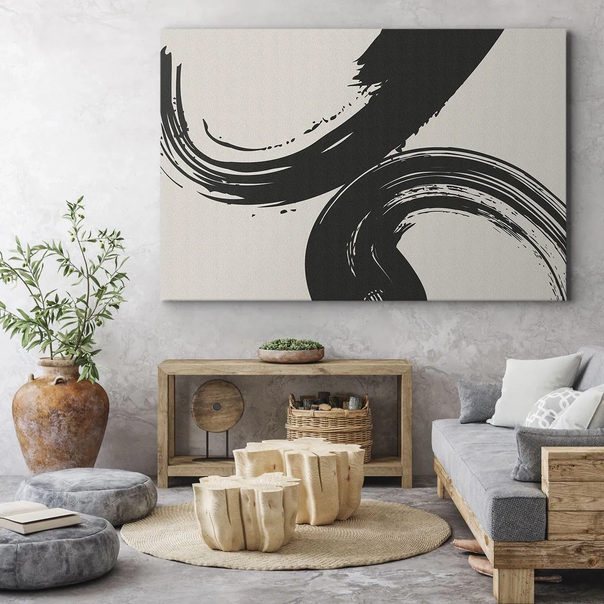 Bild auf Leinwand - Leinwandbild - Dynamische Pinselstriche in Schwarz auf hellem Hintergrund - 70x50cm - Ausladend und kreisförmig - Moderne Wanddekoration für Wohnzimmer und Schlafzimmer ARTTOR