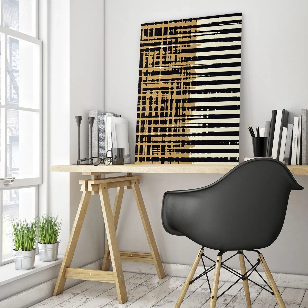 Glasbild - Bild auf glas - Geometrische Streifen und Linien in Schwarz- und Goldtönen - 50x70cm - Architektonische Abstraktion - Moderne Wanddekoration für Wohnzimmer und Schlafzimmer ARTTOR