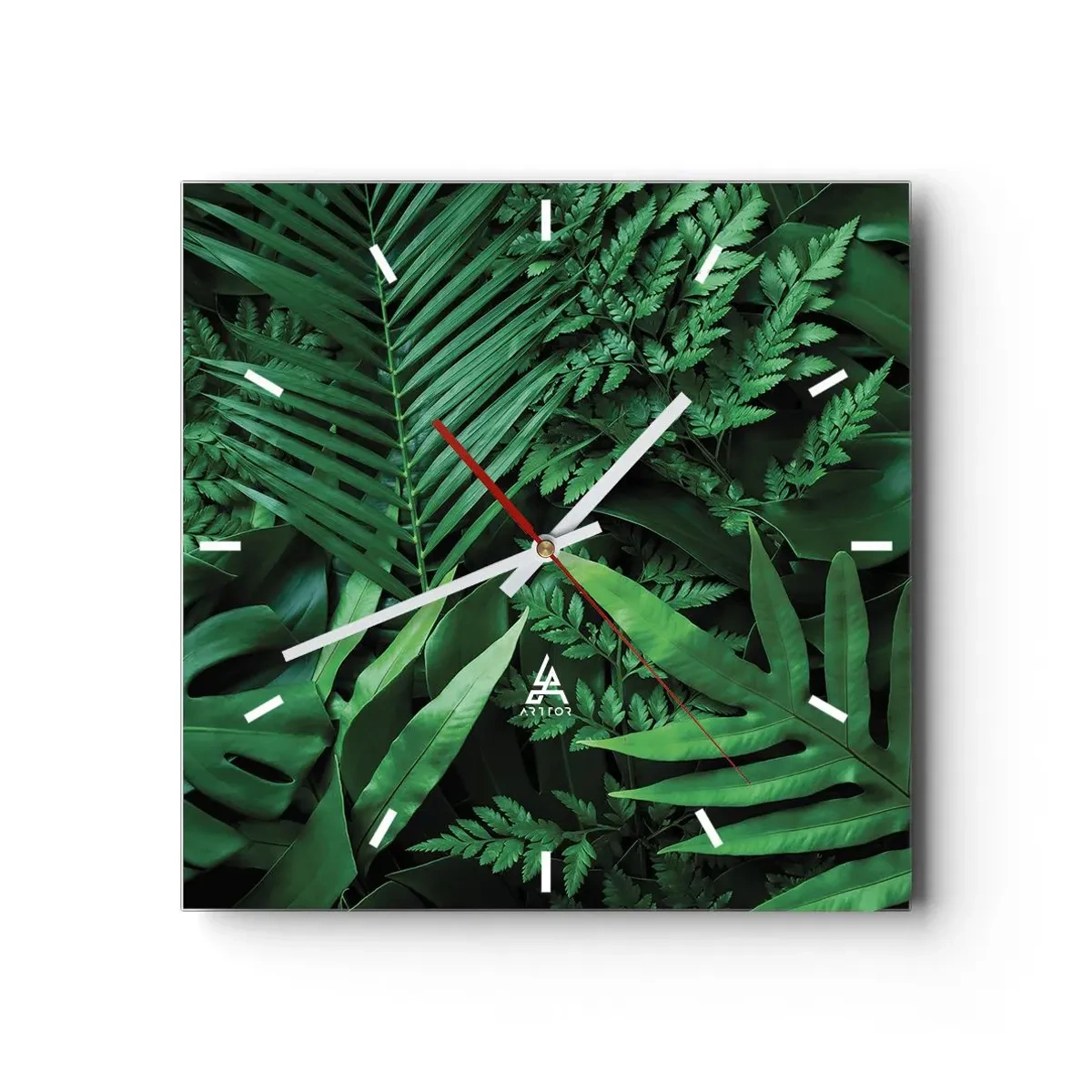 Wanduhr - Glasuhr - Grüne tropische Blätter in einer dichten und natürlichen Komposition - 30x30cm - Eingebettet ins Grüne - Moderne Wanddekoration für Wohnzimmer und Schlafzimmer ARTTOR