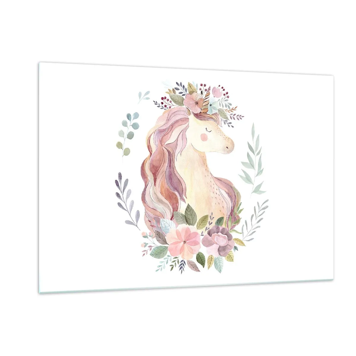 Glasbild - Bild auf glas - Ein Cartoon-Einhorn mit einer pastellfarbenen Blumenmähne - 120x80cm - Eine Einladung in die Welt der Märchen - Moderne Wanddekoration für Wohnzimmer und Schlafzimmer ARTTOR