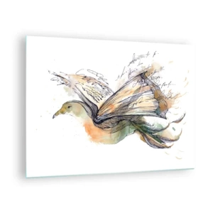Glasbild - Bild auf glas - Ein Vogel aus einem aufgerollten Buch, eine künstlerische Metapher für Wissen - 70x50cm - Auf den Flügeln der Poesie - Moderne Wanddekoration für Wohnzimmer und Schlafzimmer ARTTOR