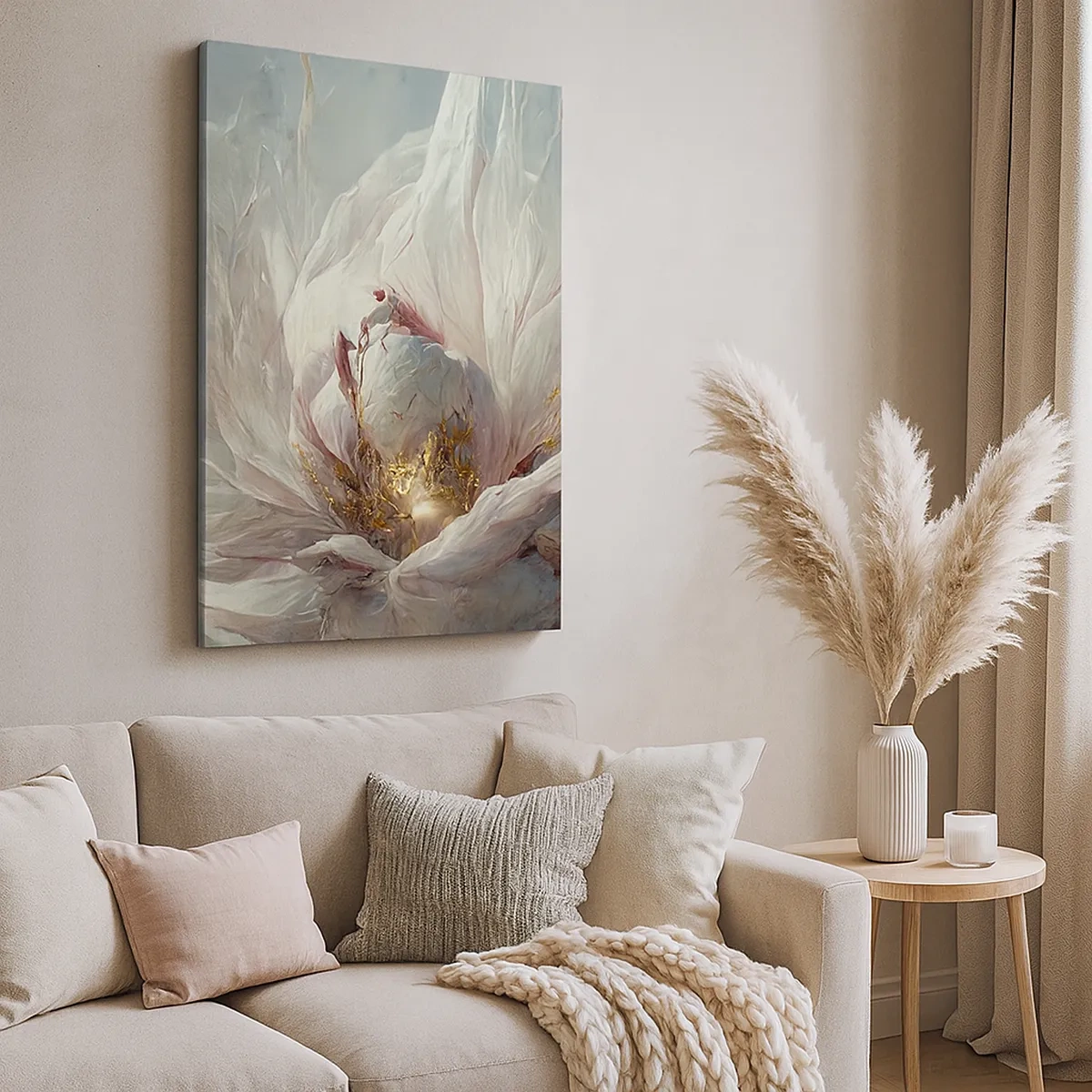 Bild auf Leinwand - Leinwandbild - Eine zarte weiße Blume mit subtilen goldenen Akzenten - 50x70cm - Sie blüht alle hundert Jahre einmal - Moderne Wanddekoration für Wohnzimmer und Schlafzimmer ARTTOR